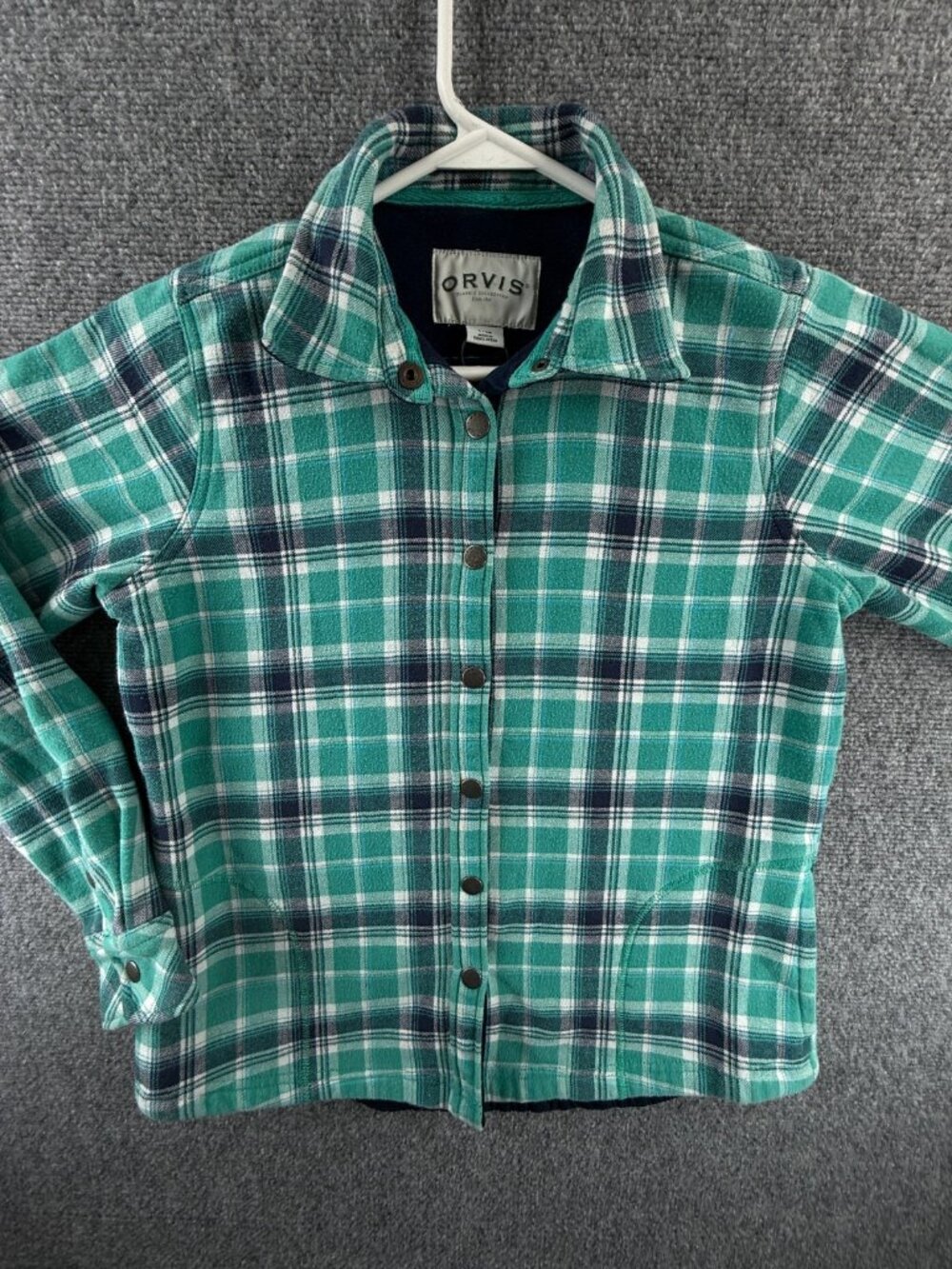 Orvis Shacket Women Small Green Flannel Shirt Jacket Blue Green Fleece Lined